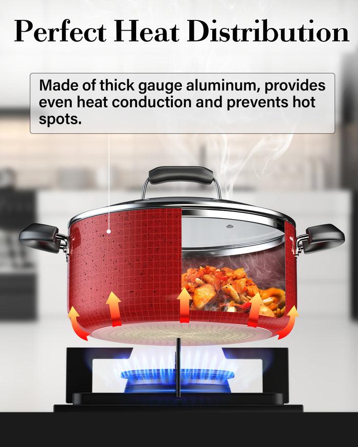 Cook N Home Cook N Home Pots And Pans Nonstick Cookware Set 12-Piece Kitchen Cooking Set With Frying Pans And Saucepans Induction Compatible Marble Red
