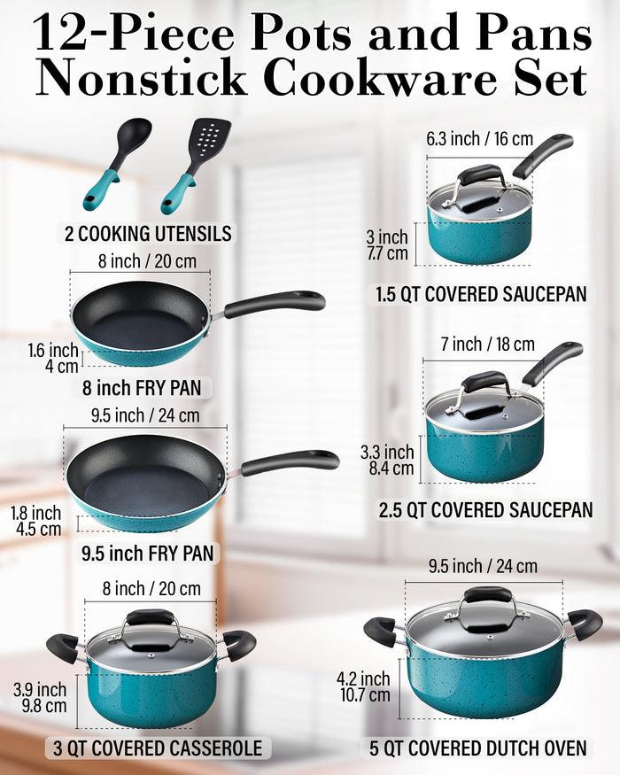 Cook N Home Cook N Home Pots And Pans Nonstick Cookware Set 12-Piece Kitchen Cooking Set With Frying Pans And Saucepans Induction Compatible Turquoise