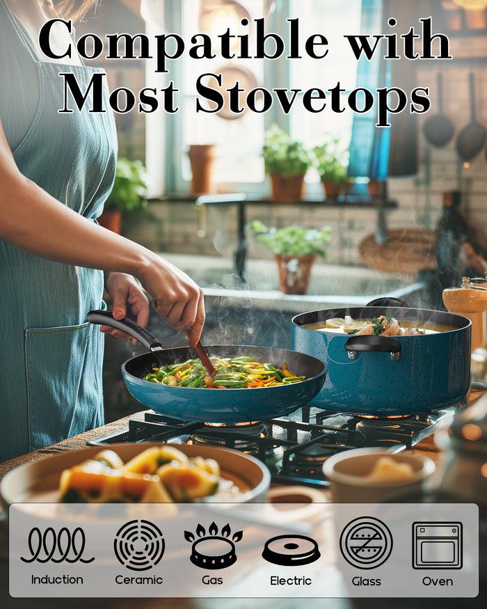 Cook N Home Cook N Home Pots And Pans Nonstick Cookware Set 12-Piece Kitchen Cooking Set With Frying Pans And Saucepans Induction Compatible Turquoise