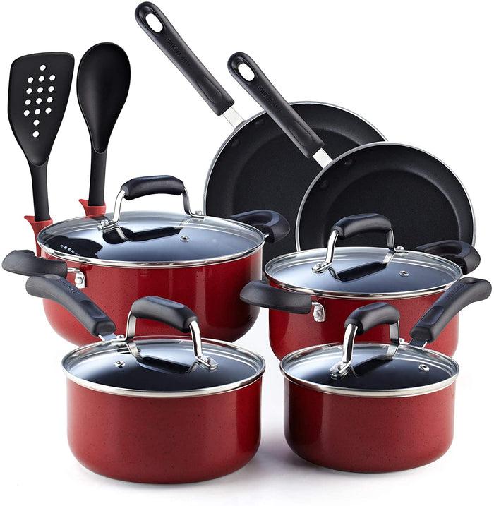 cook n home Cook N Home Pots and Pans Nonstick Cookware Set 12-Piece Kitchen Cooking Set with Frying Pans and Saucepans Induction Compatible Marble Red