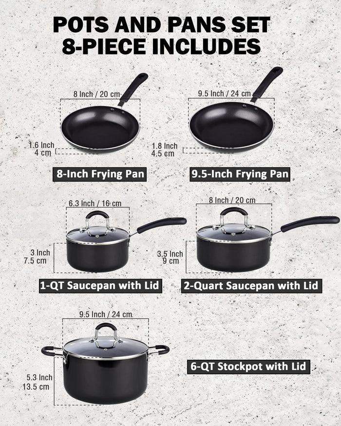 Cook N Home Cook N Home Pots And Pans Nonstick Kitchen Cookware Sets Include Saucepan Frying Pan Stockpots 8-Piece Heavy Gauge Stay Cool Handle Black