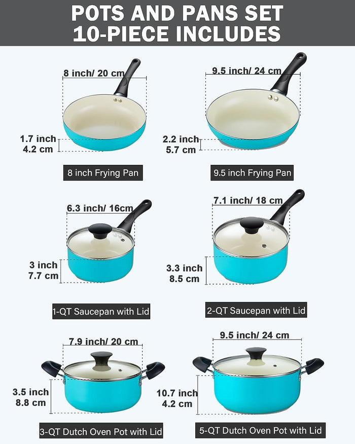 Cook N Home Cook N Home Pots And Pans Set Nonstick 10-Piece Ceramic Kitchen Cookware Sets Nonstick Cooking Set With Saucepans Frying Pans Dutch Oven Pot With Lids Turquoise