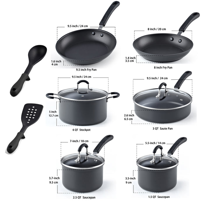 Cook N Home Cook N Home Pots And Pans Set Nonstick Professional Hard Anodized Cookware Sets 12-Piece Dishwasher Safe With Stay-Cool Handles Black