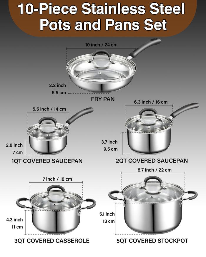 cook n home Cook N Home Stainless Steel Cookware Sets 10-Piece Pots and Pans Kitchen Cooking Set with Stay-Cool Handles Dishwasher Safe Silver