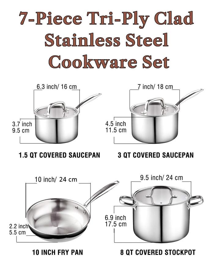 Cook N Home Cook N Home Tri-Ply Clad Stainless Steel Pots And Pans Cookware Set 7-Piece With Saucepan Fry Pan Stockpot