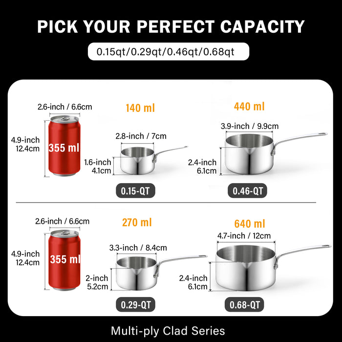 Cook N Home Cooks Standard 18/10 Stainless Steel Butter Warmer Pot Set 0.15/0.29/0.46/0.68 QT Multi-Ply Clad Small Sauce Pans Mini Milk Butter Melting Pot With Pour Spout 4-Piece