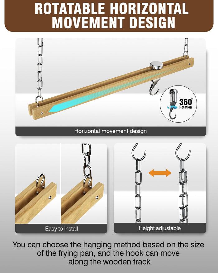 Cook N Home Cooks Standard 36-Inch Ceiling Mounted Wooden Pot Rack With 6 Solid Cast Aluminum Swivel Hooks Movable Tracks Type Hanging Pot Rack Suitable For Heavy Duty Pots And Pans