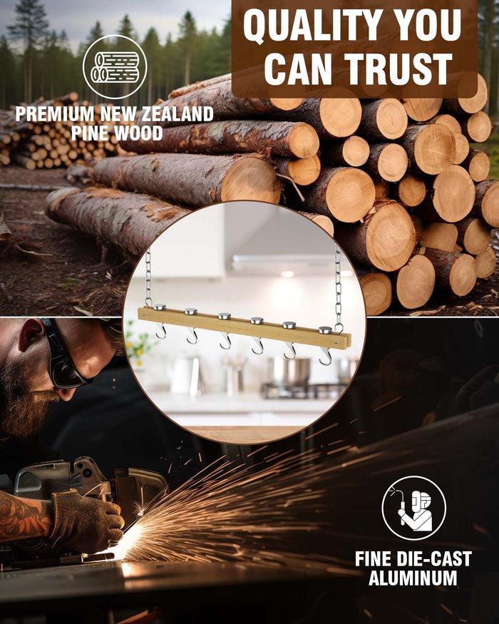 cook n home Cooks Standard 36-Inch Ceiling Mounted Wooden Pot Rack with 6 Solid Cast Aluminum Swivel Hooks Movable Tracks Type Hanging Pot Rack Suitable for Heavy Duty Pots and Pans