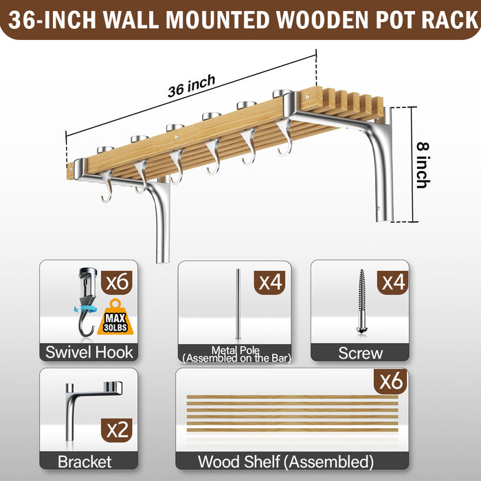 Cook N Home Cooks Standard 36-Inch Wall Mounted Wooden Pot Rack With 6 Solid Cast Aluminum Swivel Hooks Movable Tracks Type Pan Rack Suitable For Heavy Duty Pots And Pans