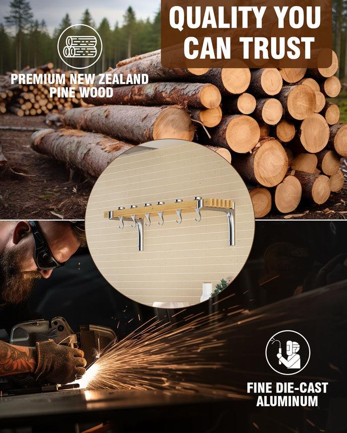 Cook N Home Cooks Standard 36-Inch Wall Mounted Wooden Pot Rack With 6 Solid Cast Aluminum Swivel Hooks Movable Tracks Type Pan Rack Suitable For Heavy Duty Pots And Pans