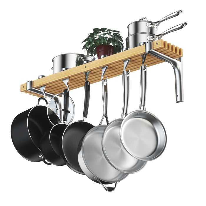 cook n home Cooks Standard 36-Inch Wall Mounted Wooden Pot Rack with 6 Solid Cast Aluminum Swivel Hooks Movable Tracks Type Pan Rack Suitable for Heavy Duty Pots and Pans