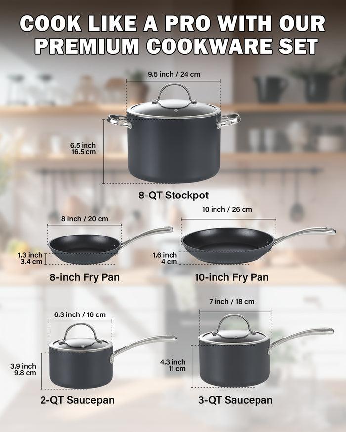 Cook N Home Cooks Standard 8-Piece Nonstick Hard Anodized Cookware Set Pots And Pans Set Includes Saucepans Stockpot Frying Pans Lids Black