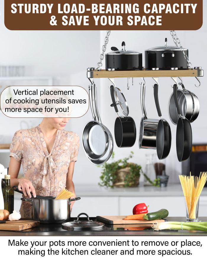 Cook N Home Cooks Standard Ceiling Mounted Wooden Pot Rack With Metal Grate Movable Tracks Type Hanging Pot Rack With Solid Cast Aluminum Swivel And Fixed Hooks Suitable For Heavy Duty Cookware 24x18-Inch