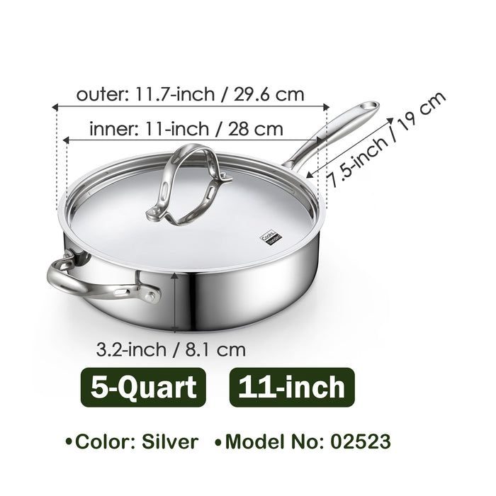 Cook N Home Cooks Standard Classic Stainless Steel Saute Pan 11-inch 5 Quart Induction Cookware Deep Frying Pan Cooking Skillet With Lid Stay-Cool Handle