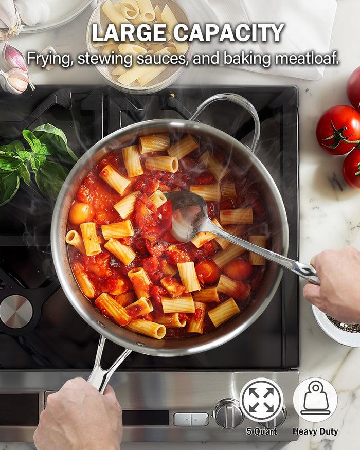 Cook N Home Cooks Standard Classic Stainless Steel Saute Pan 11-inch 5 Quart Induction Cookware Deep Frying Pan Cooking Skillet With Lid Stay-Cool Handle