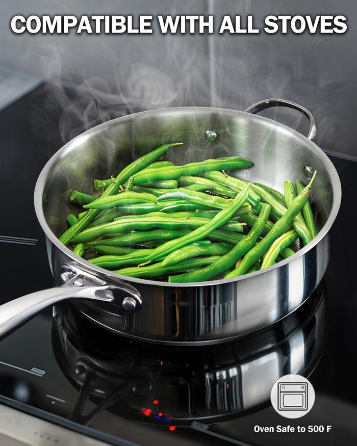 Cook N Home Cooks Standard Classic Stainless Steel Saute Pan 11-inch 5 Quart Induction Cookware Deep Frying Pan Cooking Skillet With Lid Stay-Cool Handle