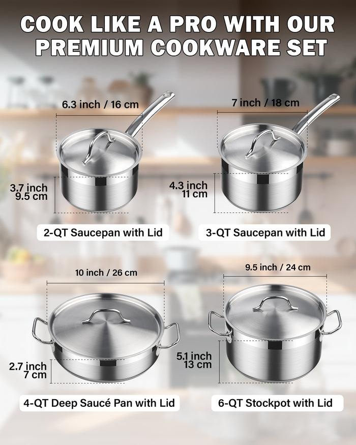 Cook N Home Cooks Standard Kitchen Cookware Sets Stainless Steel Professional Pots And Pans Include Saucepan Sauté Pan Stockpot With Lids 8-Piece Silver