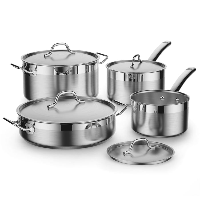 cook n home Cooks Standard Kitchen Cookware Sets Stainless Steel Professional Pots and Pans Include Saucepan Sauté Pan Stockpot with Lids 8-Piece Silver