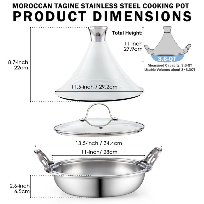 Cook N Home Cooks Standard Moroccan Tagine Pot 3.6 Qt Multi-Ply Clad Stainless Steel Pan With Dual Handles Clay Pot Alternative For Slow Cooking Cone-Shaped Die-Cast Aluminum Lid & Extra Glass Lid White