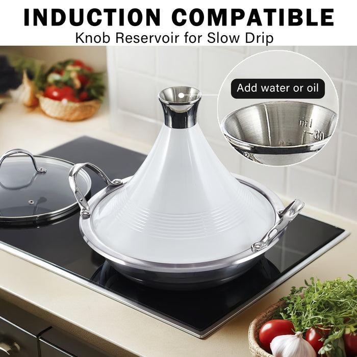 Cook N Home Cooks Standard Moroccan Tagine Pot 3.6 Qt Multi-Ply Clad Stainless Steel Pan With Dual Handles Clay Pot Alternative For Slow Cooking Cone-Shaped Die-Cast Aluminum Lid & Extra Glass Lid White