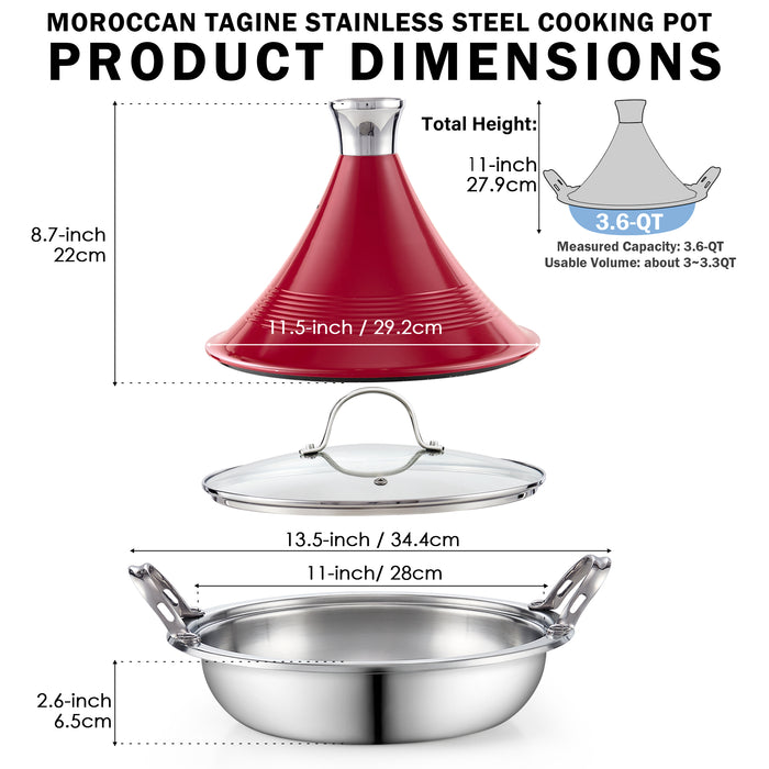 Cook N Home Cooks Standard Moroccan Tagine Pot 3.6 Qt Multi-Ply Clad Stainless Steel Pan With Dual Handles Clay Pot Alternative For Slow Cooking Cone-Shaped Die-Cast Aluminum Lid & Extra Glass Lid Red