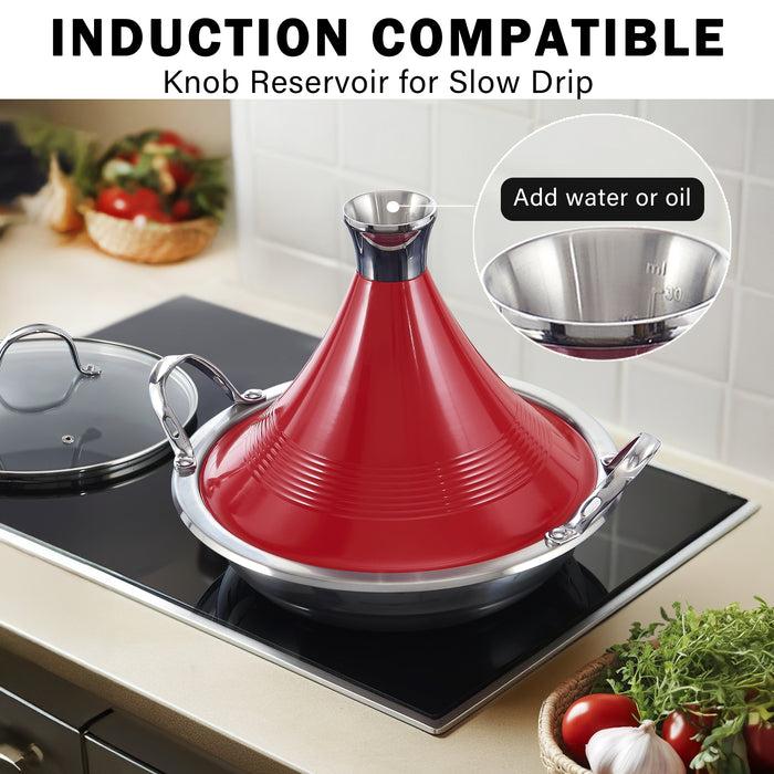 Cook N Home Cooks Standard Moroccan Tagine Pot 3.6 Qt Multi-Ply Clad Stainless Steel Pan With Dual Handles Clay Pot Alternative For Slow Cooking Cone-Shaped Die-Cast Aluminum Lid & Extra Glass Lid Red
