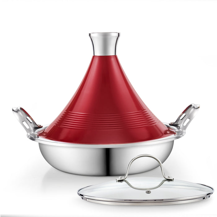 cook n home Cooks Standard Moroccan Tagine Pot 3.6 Qt Multi-Ply Clad Stainless Steel Pan with Dual Handles Clay Pot Alternative for Slow Cooking Cone-Shaped Die-Cast Aluminum Lid & Extra Glass Lid Red