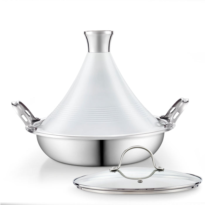 cook n home Cooks Standard Moroccan Tagine Pot 3.6 Qt Multi-Ply Clad Stainless Steel Pan with Dual Handles Clay Pot Alternative for Slow Cooking Cone-Shaped Die-Cast Aluminum Lid & Extra Glass Lid White