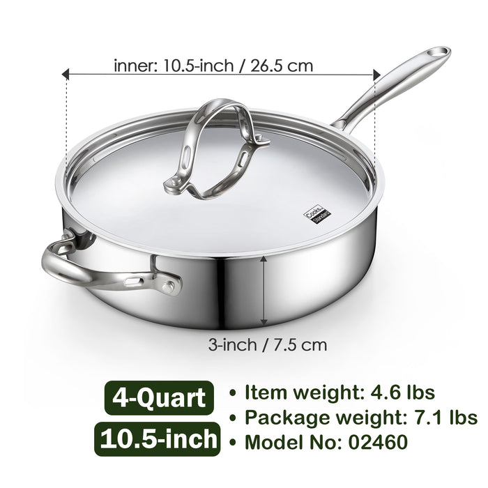 Cook N Home Cooks Standard Multi-Ply Clad Stainless Steel Saute Pan 10.5 Inch 4 Quart Deep Frying Pan Skillet With Lid Induction Cookware Stay-Cool Handle
