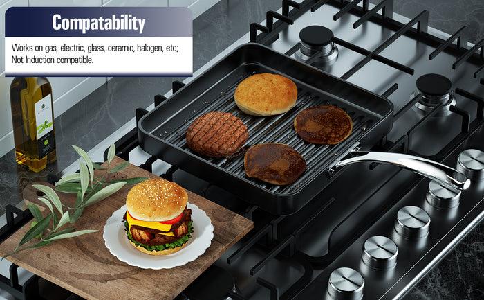 Cook N Home Cooks Standard Nonstick Square Grill Pan 11 X 11-Inch Hard Anodized Grilling Skillet Pan Cookware For Camping Home Use