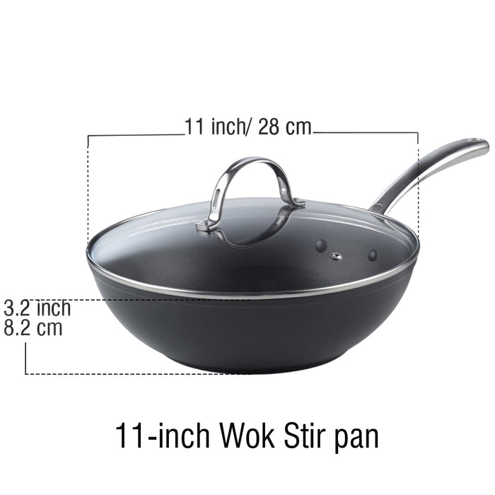 Cook N Home Cooks Standard Nonstick Stir-Fry Wok Pan 11-Inch Hard Anodized Deep Frying Pan With Glass Lid Flat Bottom Black