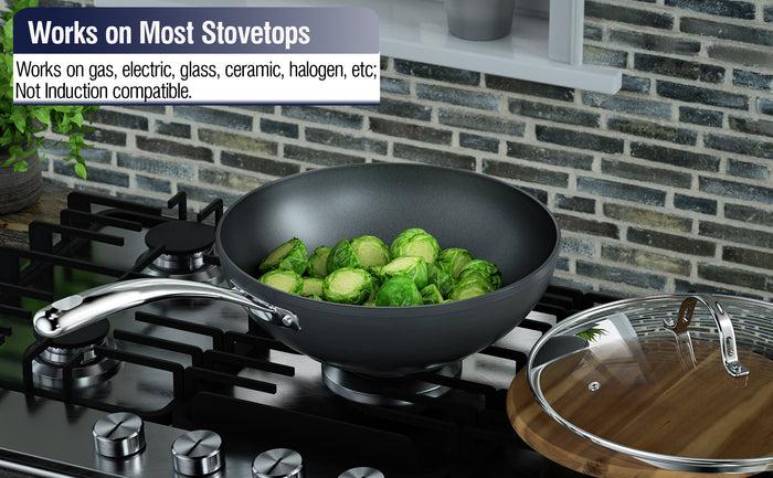 Cook N Home Cooks Standard Nonstick Stir-Fry Wok Pan 11-Inch Hard Anodized Deep Frying Pan With Glass Lid Flat Bottom Black