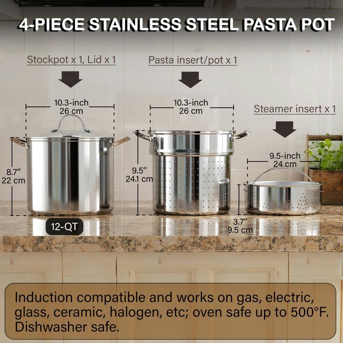Cook N Home Cooks Standard Pasta Pot 18/10 Stainless Steel 12 Quart Spaghetti Cooker Steamer Stock Pot Multipots With Strainer Insert Stainless Steel Lid 4-Piece Set