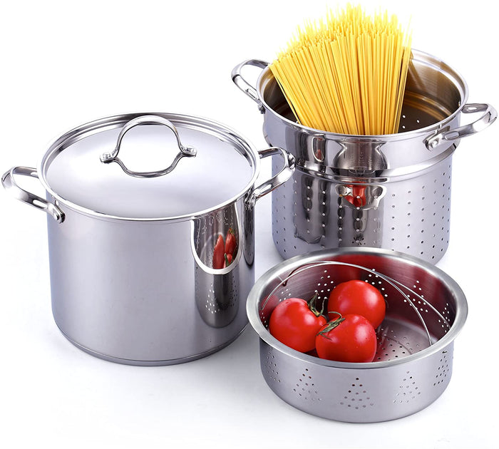 cook n home Cooks Standard Pasta Pot 18/10 Stainless Steel 12 Quart Spaghetti Cooker Steamer Stock Pot Multipots with Strainer Insert Stainless Steel Lid 4-Piece Set