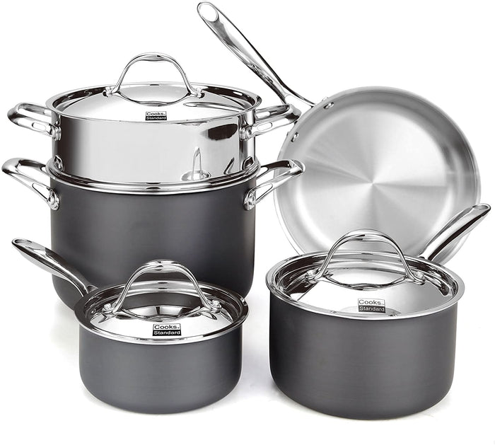 cook n home Cooks Standard Stainless Steel 8-Piece Multi-Ply Clad Hard Anodized Cookware Set Black