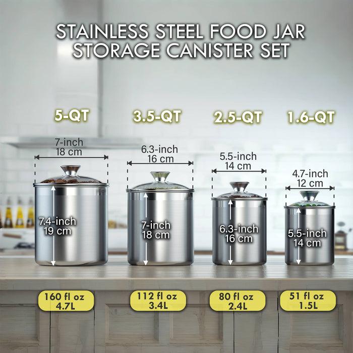 Cook N Home Cooks Standard Stainless Steel Food Jar Storage Canister Set Large 4-Piece 1.6qt/2.5qt/3.5qt /5qt Airtight Containers With Glass Lid For Tea Coffee Sugar Flour Pantry Kitchen Counter