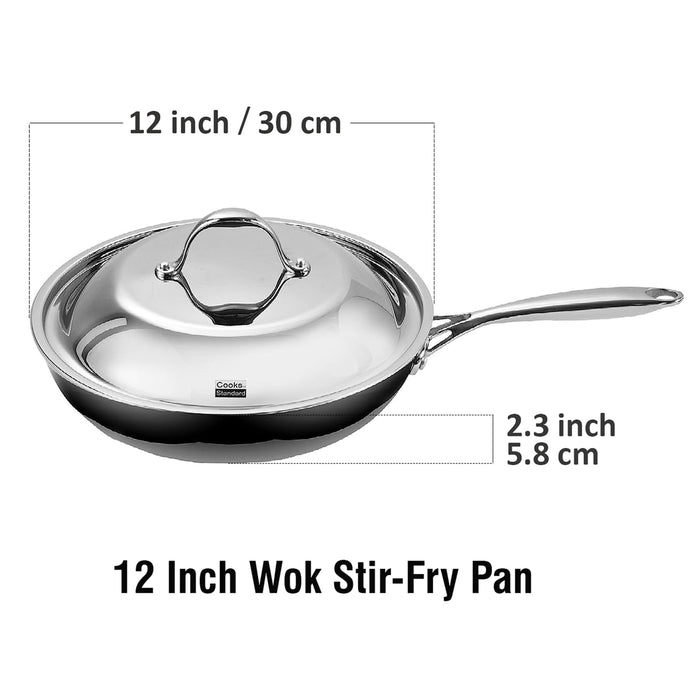 Cook N Home Cooks Standard Stainless Steel Frying Pan 12 Inch Multi-Ply Full Clad Wok Stir-Fry Cooking Pans With Dome Lid Stay-Cool Handle Dishwasher Safe Oven Safe 500°F Silver
