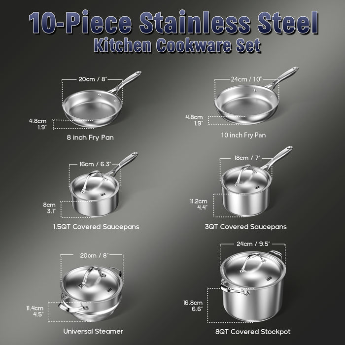Cook N Home Cooks Standard Stainless Steel Kitchen Cookware Sets 10-Piece Multi-Ply Full Clad Pots And Pans Cooking Set With Stay-Cool Handles Dishwasher Safe Oven Safe 500°F Silver