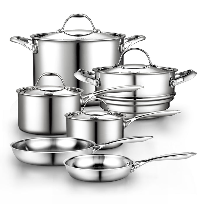 cook n home Cooks Standard Stainless Steel Kitchen Cookware Sets 10-Piece Multi-Ply Full Clad Pots and Pans Cooking Set with Stay-Cool Handles Dishwasher Safe Oven Safe 500°F Silver