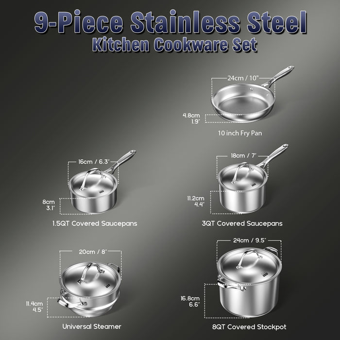 Cook N Home Cooks Standard Stainless Steel Kitchen Cookware Sets 9-Piece Multi-Ply Full Clad Pots And Pans Cooking Set With Stay-Cool Handles Dishwasher Safe Oven Safe 500° F