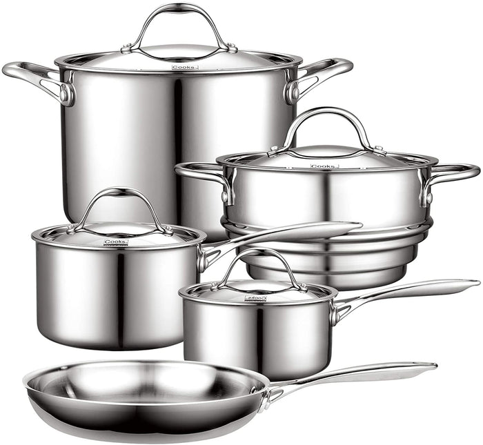 cook n home Cooks Standard Stainless Steel Kitchen Cookware Sets 9-Piece Multi-Ply Full Clad Pots and Pans Cooking Set with Stay-Cool Handles Dishwasher Safe Oven Safe 500° F