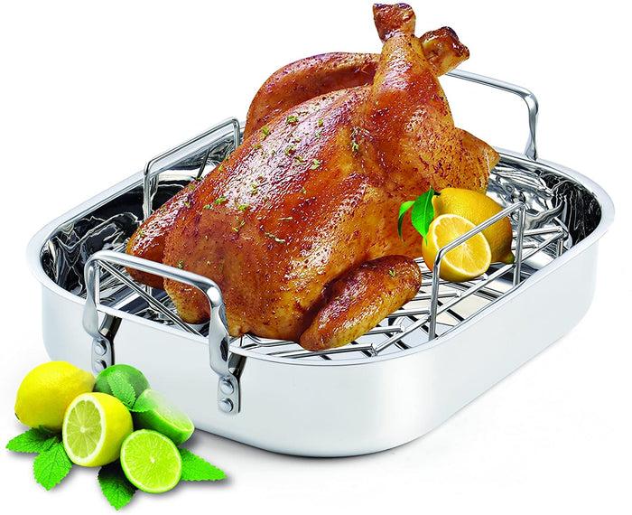 Cook N Home Cooks Standard Stainless Steel Roaster Pan With V-Shaped Rack 16-Inch By 13-Inch Turkey Roasting Pan Bakeware For Oven Rectangular