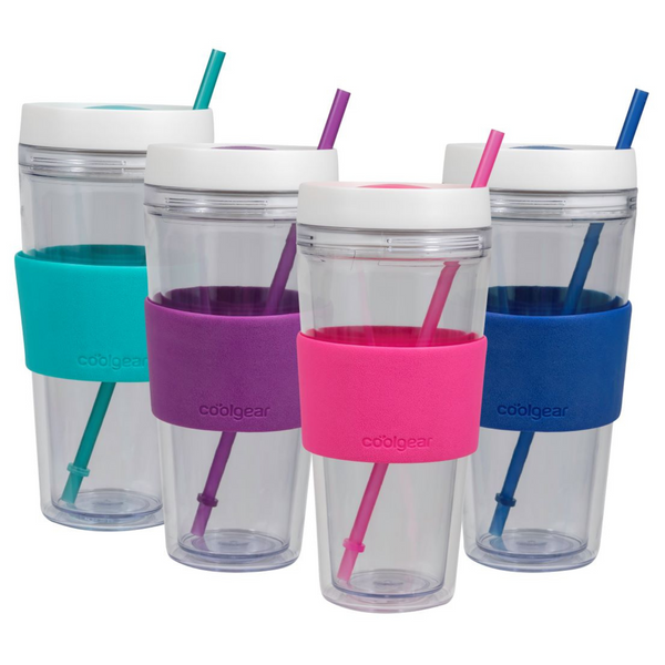 4 Pack COOL GEAR 24 oz Callisto Clear Chiller with Straw and Band | Dual Function Closure Colored Re-Usable Tumbler Water Bottle