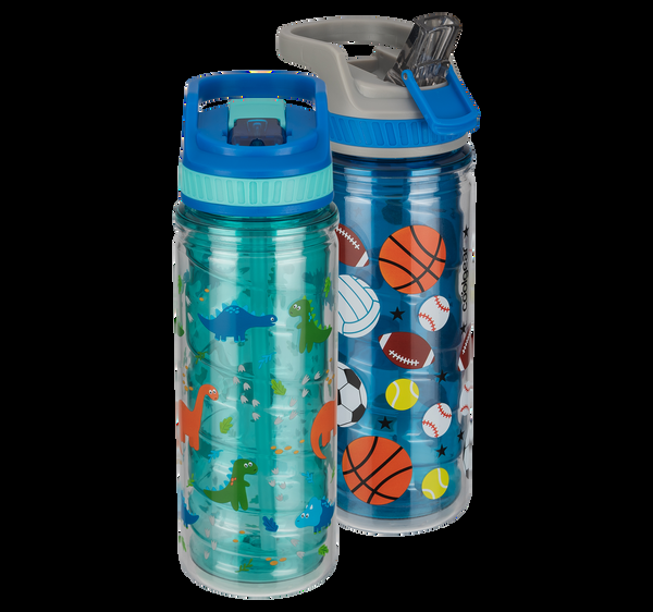 Cool Gear 2 Pack 16 oz Kids Twist Water Bottle with Double Wall Sipper Lid and Finger Loop Cap with Printed Design | Great for Outdoors Party Favors and More