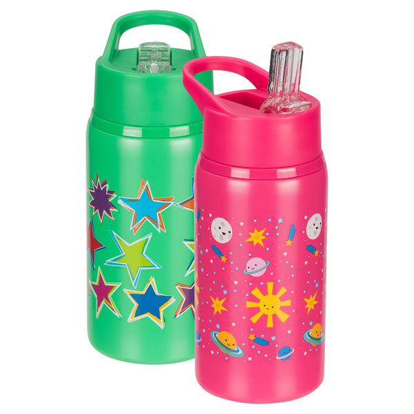 Cool Gear 2-Pack 18 oz Mashpee Kids Stainless Steel Water Bottle With Sipper Straw & Carrying Loop | Eco-Friendly Wide Mouth Leakproof for Kids School Gifts