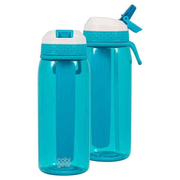 COOL GEAR 2-Pack 32 oz System Sipper Water Bottle With Tritan Plastic Flexible Handle & Freezer Stick | Shatter Resistant Water Jug To Keep Drinks Cool | Good For the Gym School Work and More