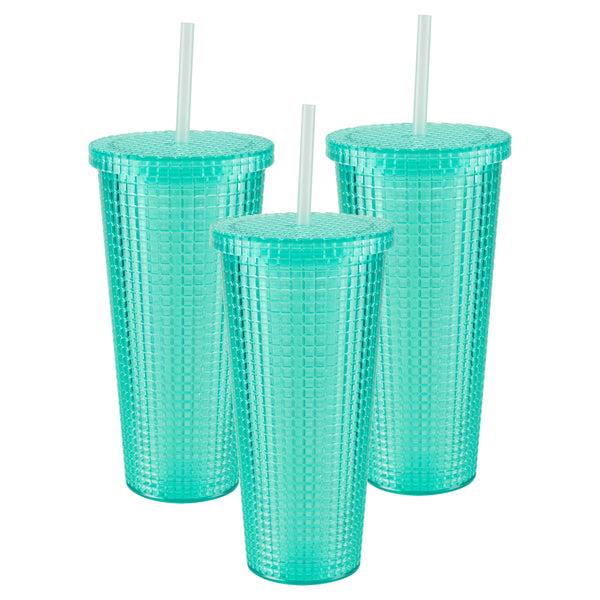 Cool Gear 3-Pack 23 oz Jem Chiller with Reusable Straw | Dishwasher Safe Spillproof Double-Wall Insulated Travel Tumbler | Trendy Textured Design - Green Tea Pack