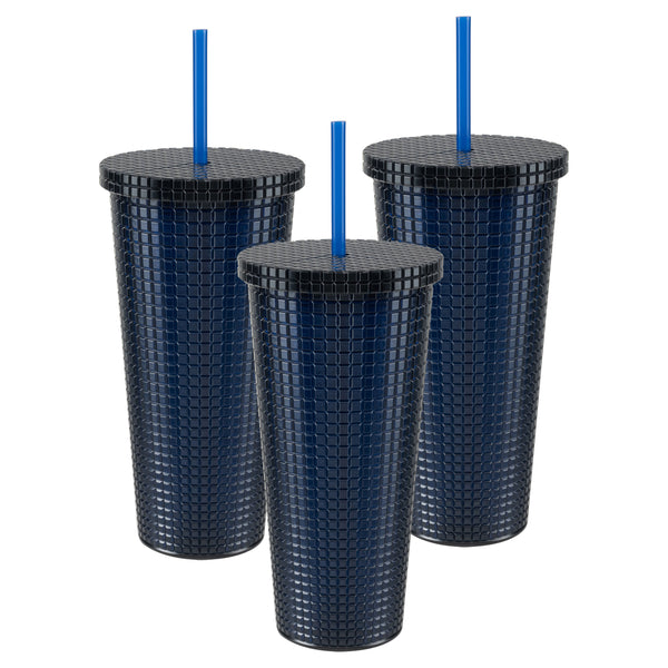 Cool Gear 3-Pack 23 oz Jem Chiller with Reusable Straw | Dishwasher Safe Spillproof Double-Wall Insulated Travel Tumbler | Trendy Textured Design - Blueberry Pack