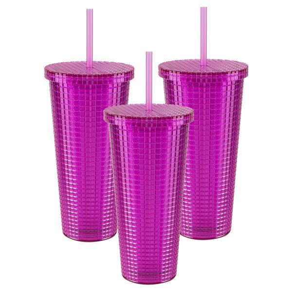 Cool Gear 3-Pack 23 oz Jem Chiller with Reusable Straw | Dishwasher Safe Spillproof Double-Wall Insulated Travel Tumbler | Trendy Textured Design - Plum Pack