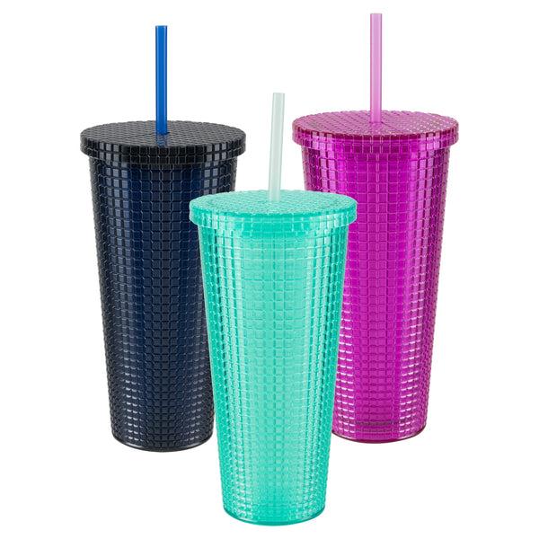Cool Gear 3-Pack 23 oz Jem Chiller with Reusable Straw | Dishwasher Safe Spillproof Double-Wall Insulated Travel Tumbler | Trendy Textured Design - Variety Pack
